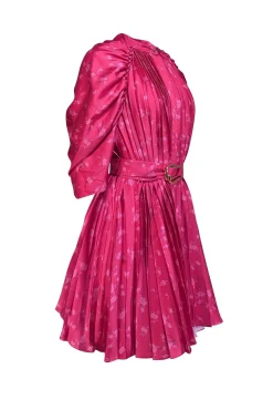 Acler - Fuchsia Floral Print Pleated Satin Dress Sz 8