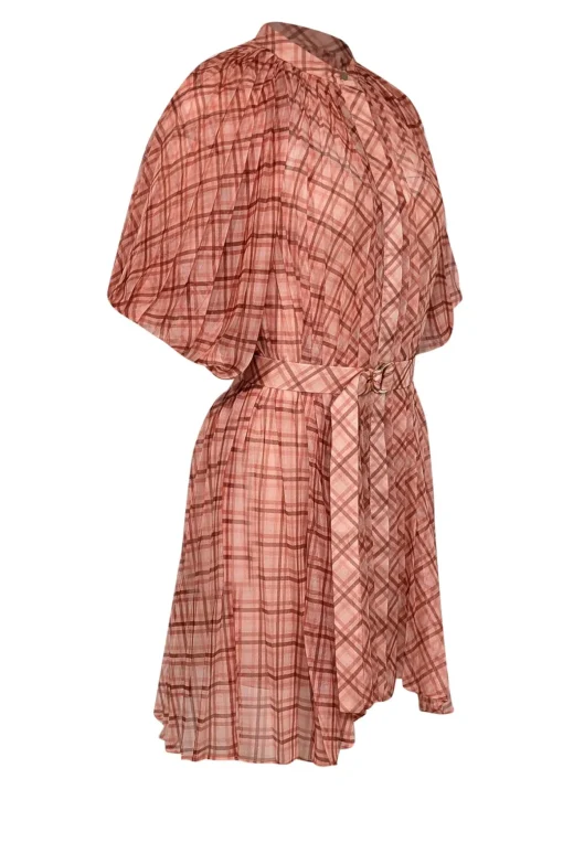 Acler - Peach & Orange Plaid Pleated Puff Sleeve Mini Dress Sz 2
