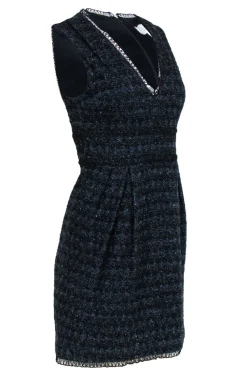 Adam Lippes - Black & Navy Tweed V-Neck Sheath Dress Sz 2