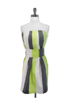 Adam Lippes - Lime, Grey & White Strapless Silk Dress Sz 6