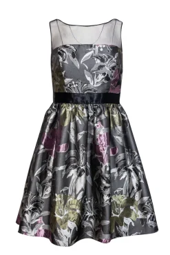 Adrianna Papell - Gray & Purple Floral Dress w/ Illusion Neckline Sz 4