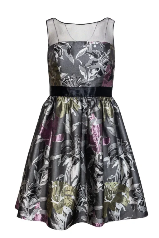 Adrianna Papell - Gray & Purple Floral Dress w/ Illusion Neckline Sz 4