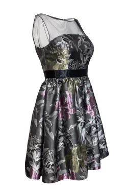 Adrianna Papell - Gray & Purple Floral Dress w/ Illusion Neckline Sz 4
