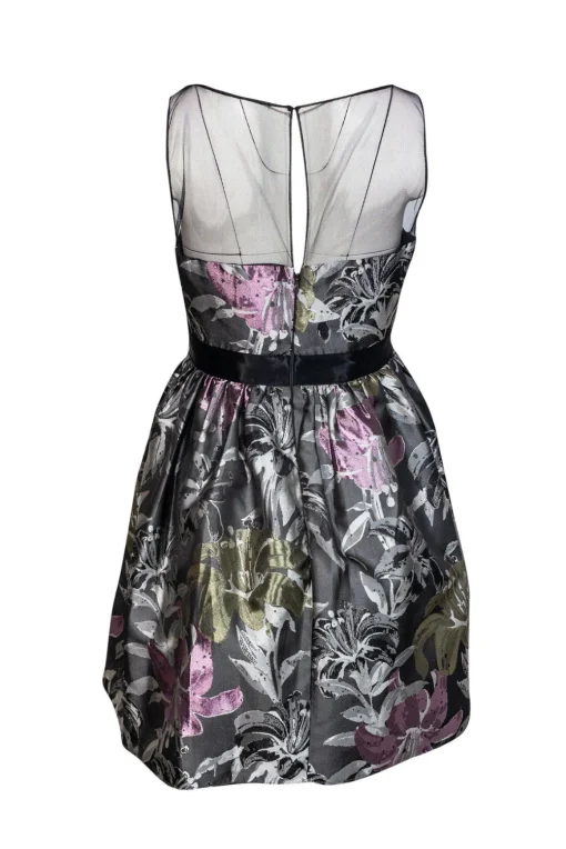 Adrianna Papell - Gray & Purple Floral Dress w/ Illusion Neckline Sz 4