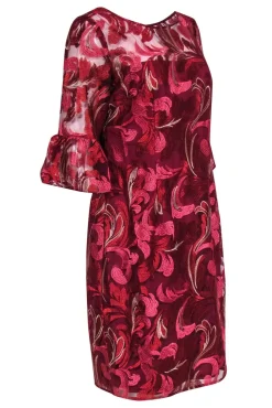 Adrianna Papell - Red Embroidered Floral Patter Dress w/ Flounce Sleeves Sz 12