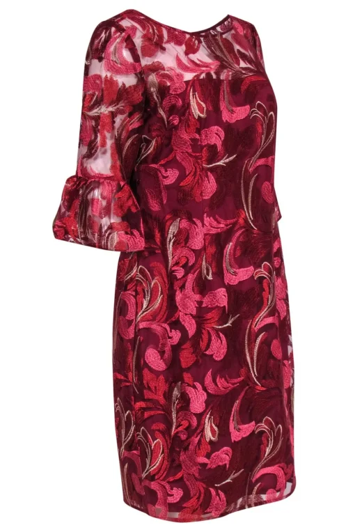 Adrianna Papell - Red Embroidered Floral Patter Dress w/ Flounce Sleeves Sz 12