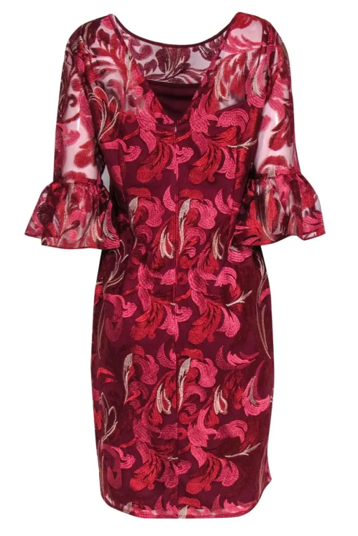 Adrianna Papell - Red Embroidered Floral Patter Dress w/ Flounce Sleeves Sz 12