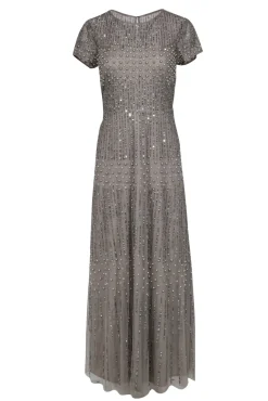 Adrianna Papell - Taupe Short Sleeve Tulle Gown w/ Sequins & Pearls Sz 10P