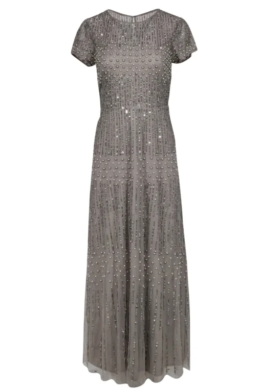 Adrianna Papell - Taupe Short Sleeve Tulle Gown w/ Sequins & Pearls Sz 10P