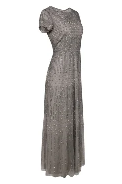 Adrianna Papell - Taupe Short Sleeve Tulle Gown w/ Sequins & Pearls Sz 10P