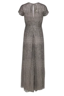 Adrianna Papell - Taupe Short Sleeve Tulle Gown w/ Sequins & Pearls Sz 10P