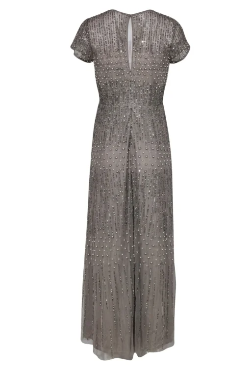 Adrianna Papell - Taupe Short Sleeve Tulle Gown w/ Sequins & Pearls Sz 10P