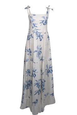 Agua Bendita for Anthropologie - White w/ Blue Fruit Toile Print Maxi Dress Sz M