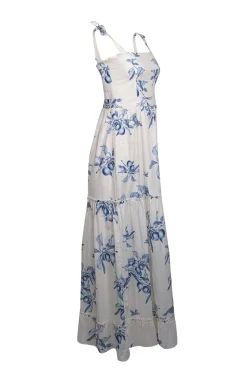 Agua Bendita for Anthropologie - White w/ Blue Fruit Toile Print Maxi Dress Sz M