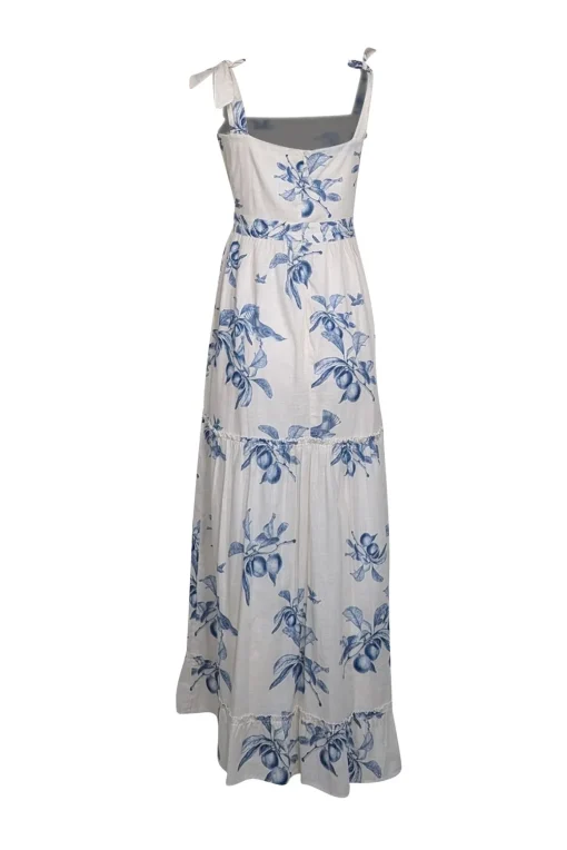 Agua Bendita for Anthropologie - White w/ Blue Fruit Toile Print Maxi Dress Sz M
