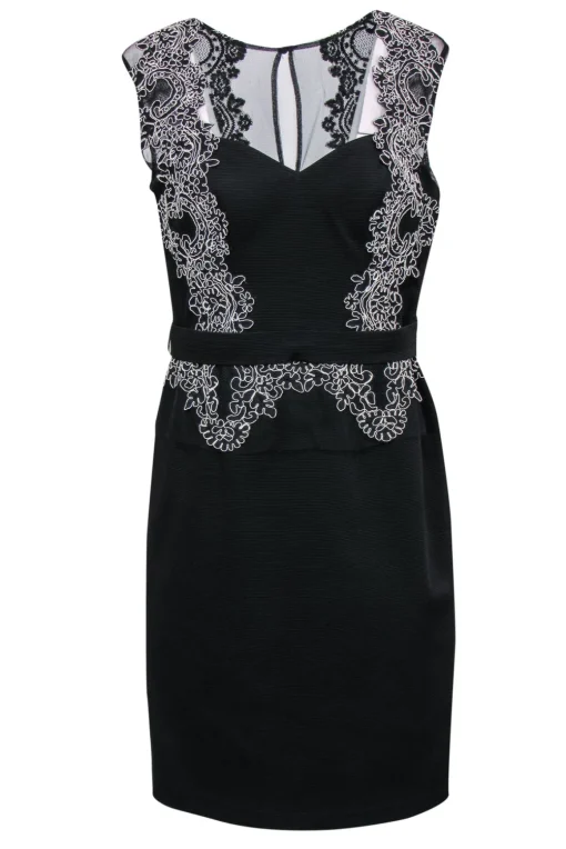 Aidan Mattox - Black Textured Sheath Dress w/ Mesh & White Lace Sz 12