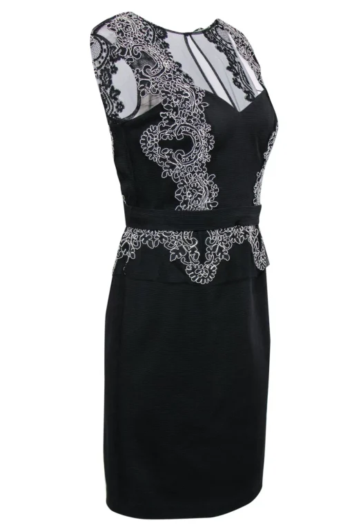 Aidan Mattox - Black Textured Sheath Dress w/ Mesh & White Lace Sz 12