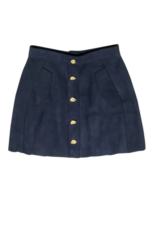Aje - Navy Suede Miniskirt w/ Gold Buttons Sz 8