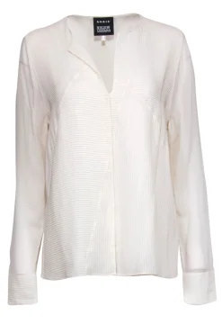 Akris - Cream Long Sleeve Ribbed Snap Front Silk Blouse Sz 14