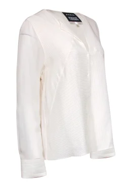 Akris - Cream Long Sleeve Ribbed Snap Front Silk Blouse Sz 14