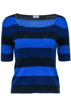 Akris Punto - Blue, Navy & Black Striped Short Sleeve Wool Sweater Sz 12