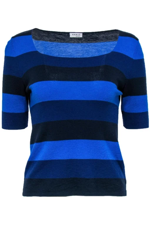 Akris Punto - Blue, Navy & Black Striped Short Sleeve Wool Sweater Sz 12