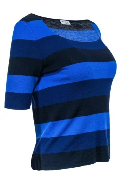 Akris Punto - Blue, Navy & Black Striped Short Sleeve Wool Sweater Sz 12