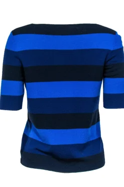 Akris Punto - Blue, Navy & Black Striped Short Sleeve Wool Sweater Sz 12