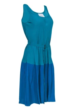 Akris Punto - Teal & Blue Colorblock Silk Blend A-Line Dress w/ Belt Sz 8