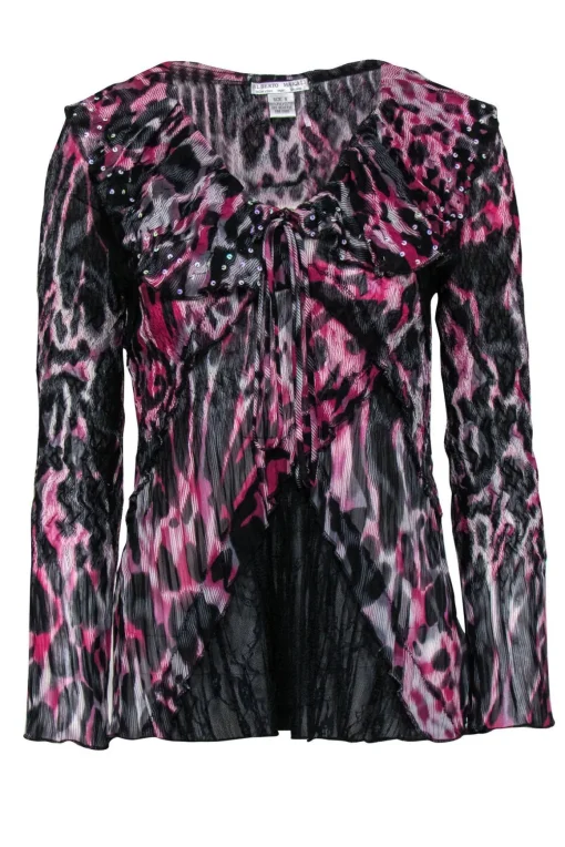 Alberto Makali - Black & Fuchsia Leopard Ruffle Top w/ Sequins Sz S