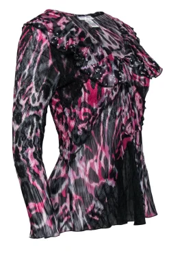 Alberto Makali - Black & Fuchsia Leopard Ruffle Top w/ Sequins Sz S
