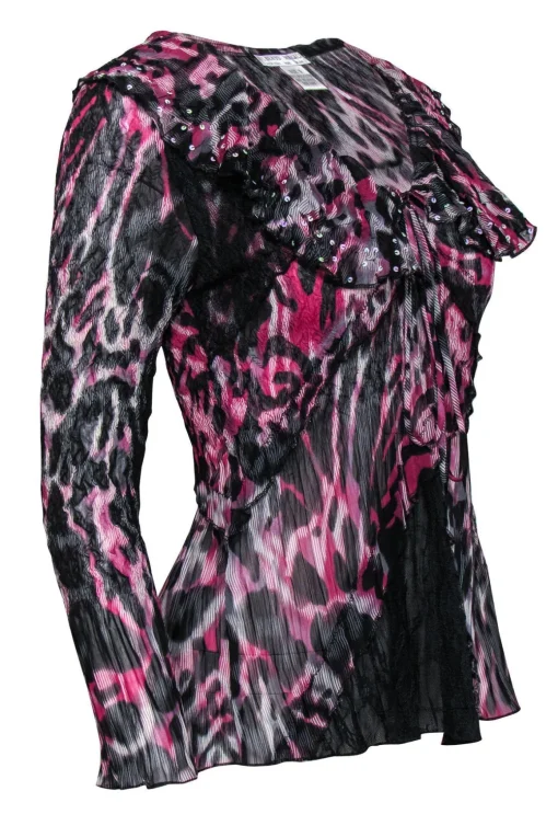 Alberto Makali - Black & Fuchsia Leopard Ruffle Top w/ Sequins Sz S