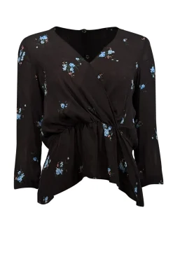 A.L.C. - Black & Blue Floral Print Silk Peplum Blouse Sz 2