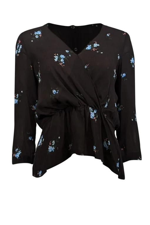 A.L.C. - Black & Blue Floral Print Silk Peplum Blouse Sz 2