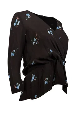 A.L.C. - Black & Blue Floral Print Silk Peplum Blouse Sz 2