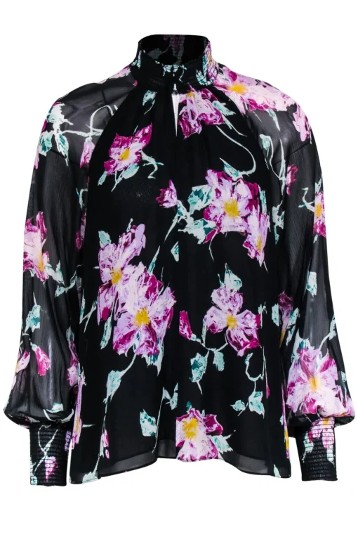 A.L.C. - Black w/ Purple & Green Abstract Floral Print Silk Blouse Sz 0