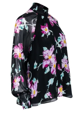 A.L.C. - Black w/ Purple & Green Abstract Floral Print Silk Blouse Sz 0