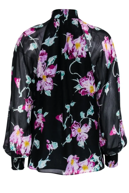 A.L.C. - Black w/ Purple & Green Abstract Floral Print Silk Blouse Sz 0