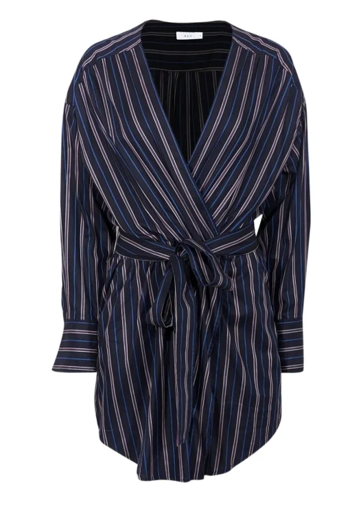 A.L.C. - Navy w/ Red & Cream Striped Faux Wrap Dress Sz 8