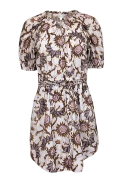 A.L.C. - Off-White w/ Yellow & Purple Sunflower Print Puff Sleeve Dress Sz 2