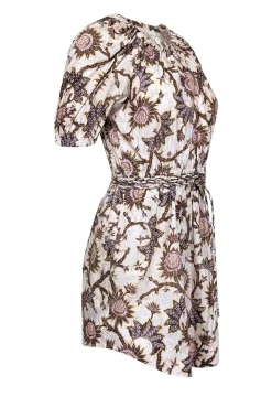 A.L.C. - Off-White w/ Yellow & Purple Sunflower Print Puff Sleeve Dress Sz 2