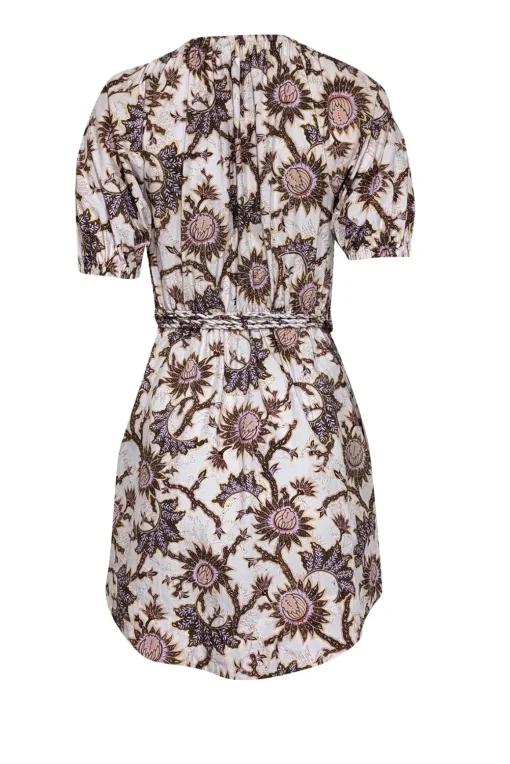 A.L.C. - Off-White w/ Yellow & Purple Sunflower Print Puff Sleeve Dress Sz 2