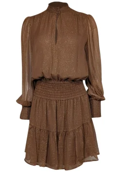 A.L.C. - Tan & Gold Metallic Striped Smocked Waist Silk Blend Dress Sz 8