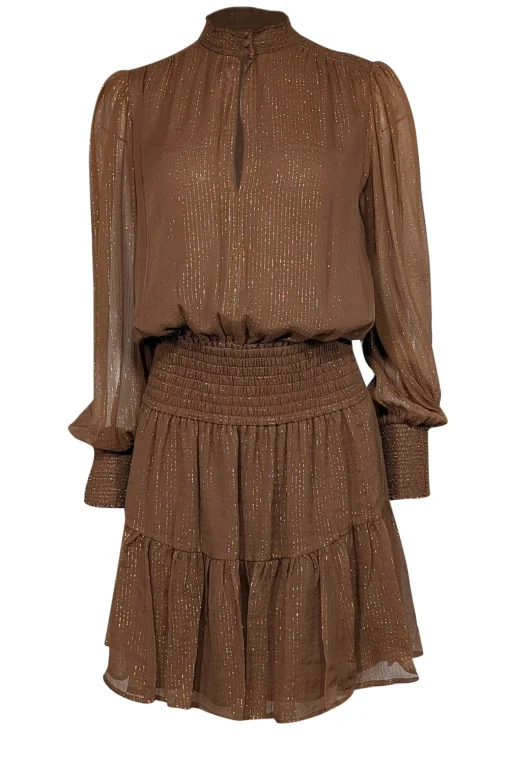 A.L.C. - Tan & Gold Metallic Striped Smocked Waist Silk Blend Dress Sz 8