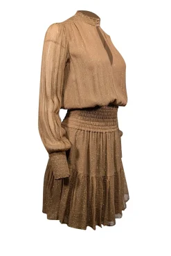 A.L.C. - Tan & Gold Metallic Striped Smocked Waist Silk Blend Dress Sz 2