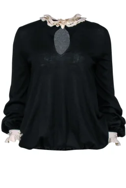Alexander McQueen - Black Wool Sweater w/ Ruffle Trim Sz M