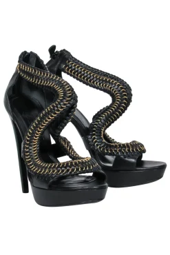 Alexander McQueen - Black Leather Platform Stilettos w/ Braided Gold Chain Trim Sz 8.5
