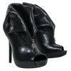 Alexander McQueen - Black Leather Peep Toe Stiletto Booties w/ Skull Zipper Sz 8.5