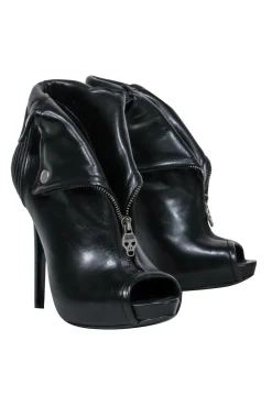 Alexander McQueen - Black Leather Peep Toe Stiletto Booties w/ Skull Zipper Sz 8.5