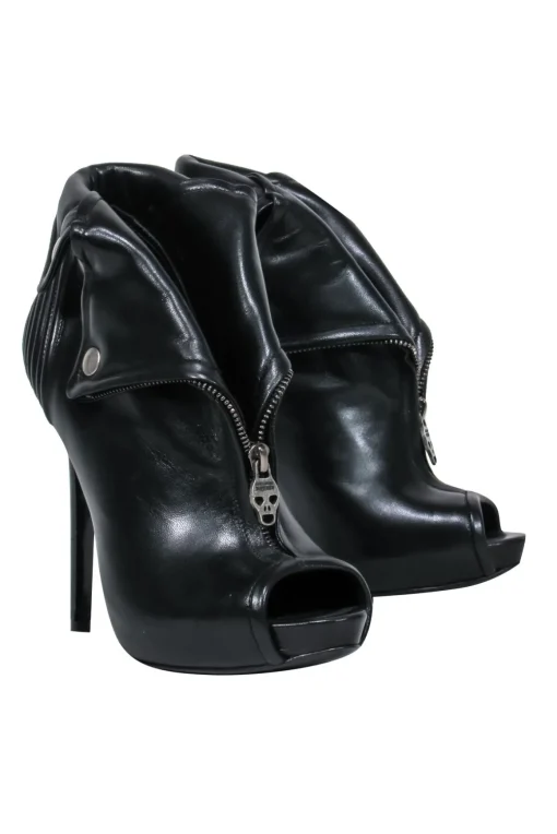 Alexander McQueen - Black Leather Peep Toe Stiletto Booties w/ Skull Zipper Sz 8.5